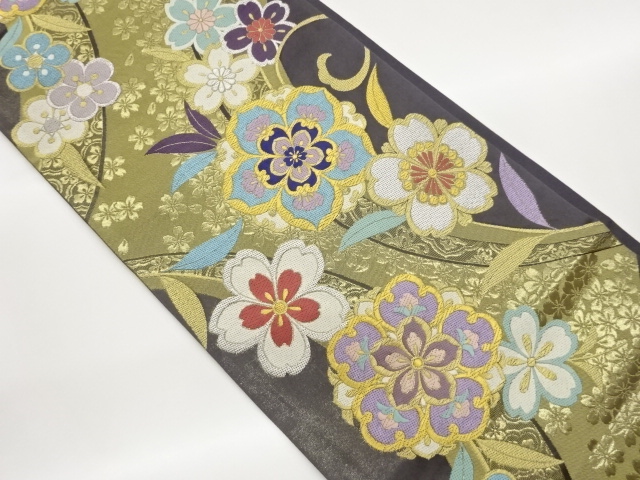 JAPANESE FUKURO OBI / WOVEN SAKURA & FLOWER CREST